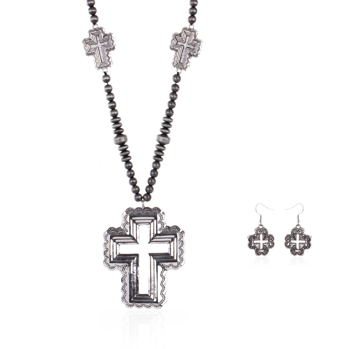 Rustic Couture's Beaded Heart Shape Cross Pendant Necklace Earring Set