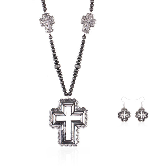 Rustic Couture's Beaded Heart Shape Cross Pendant Necklace Earring Set