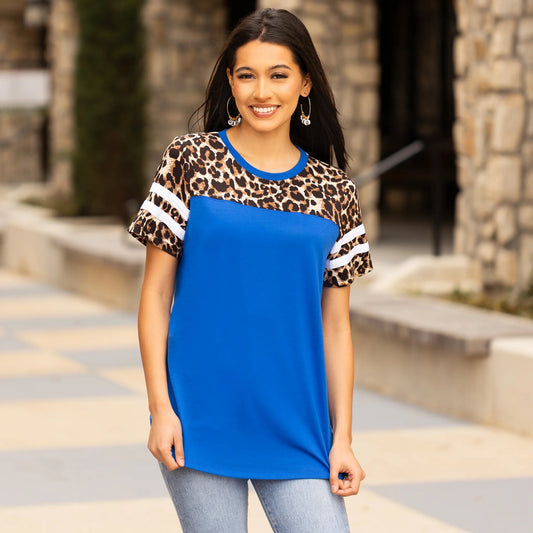 Half Sleeve Leopard Top with Stripes