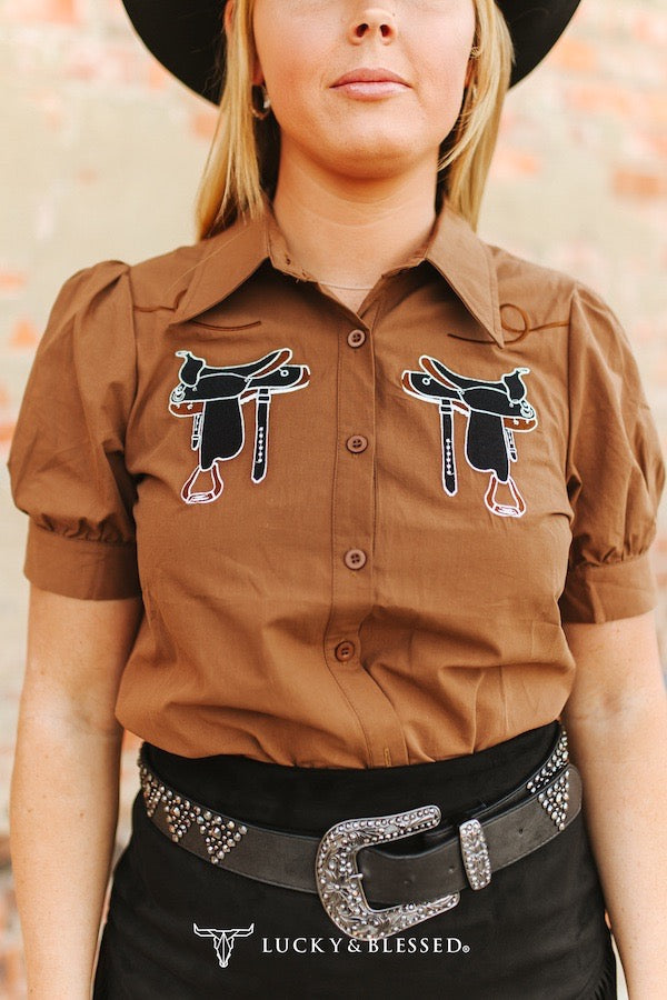 Mocha Saddle Horse Embroidered Puff Short Sleeve Button Down Shirt