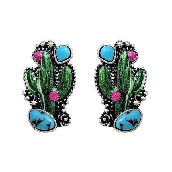 WESTERN PRINT W/SEMI STONE CACTUS EARRINGS -