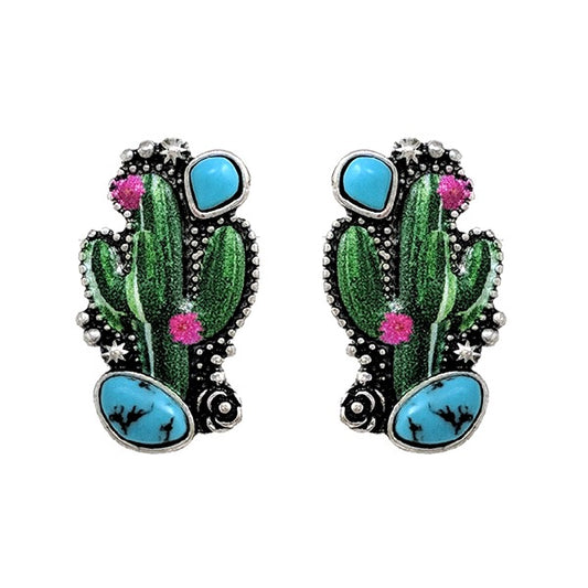 WESTERN PRINT W/SEMI STONE CACTUS EARRINGS -