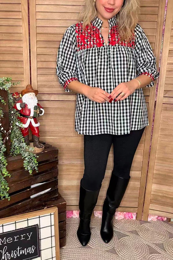Black plaid, red embroidery baby doll top