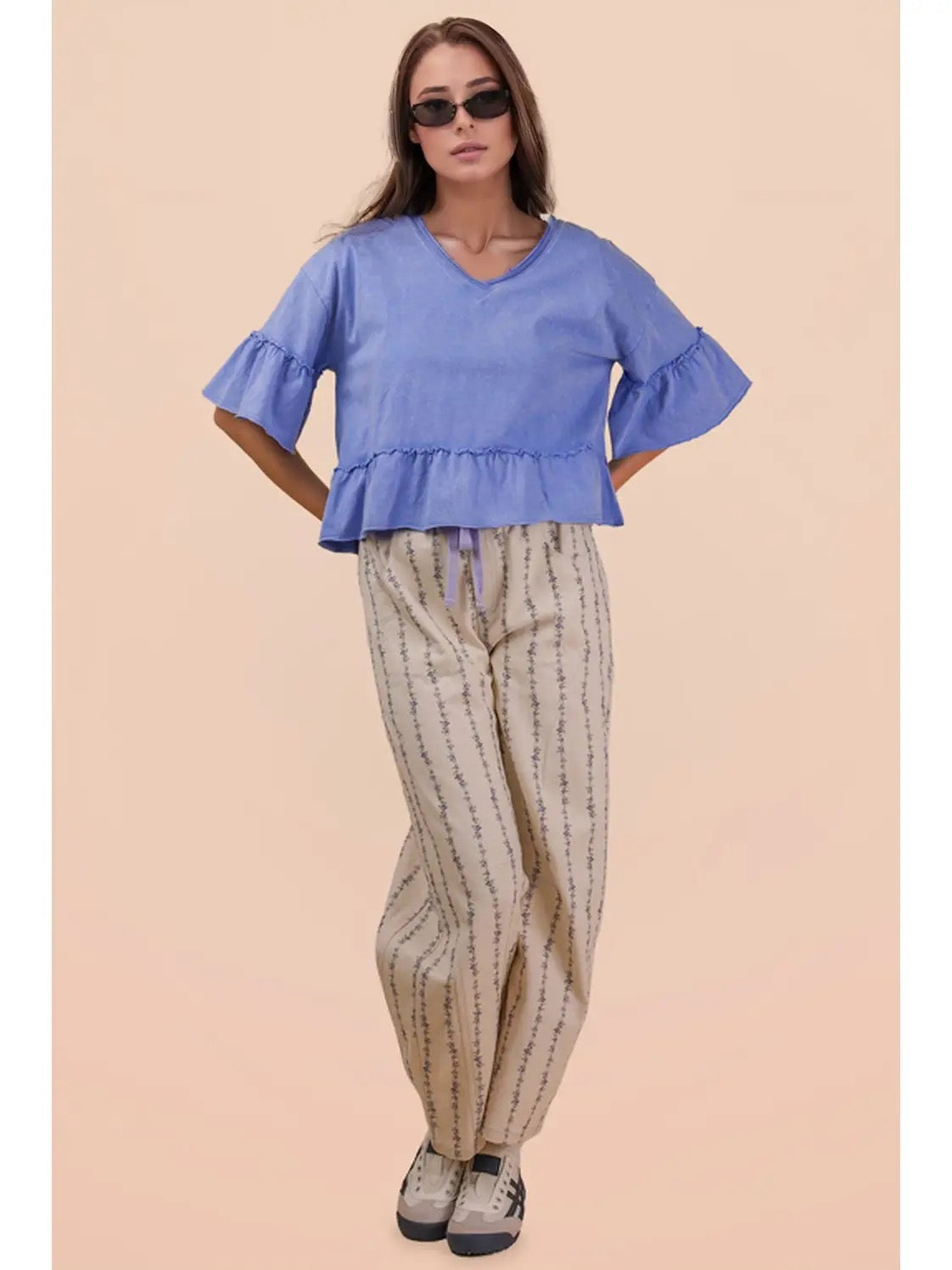 Mineral Washed Ruffle Detail Knit Top