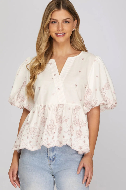 SHE + SKY PUFF SLEEVE EMBROIDERED SCALOP HEM TOP