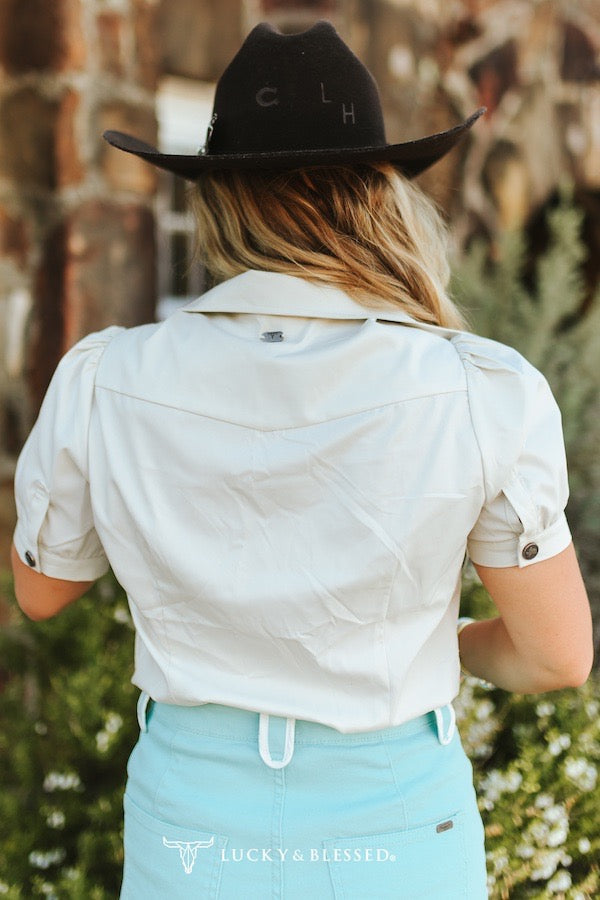 Ivory Concho Button Down Puff Short Sleeve Shirt