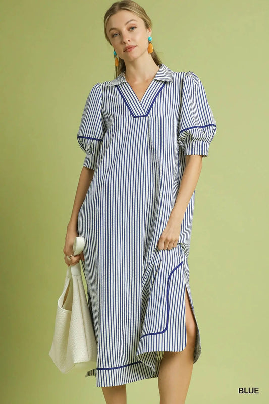 Striped Midi Dress with Puff Sleeves