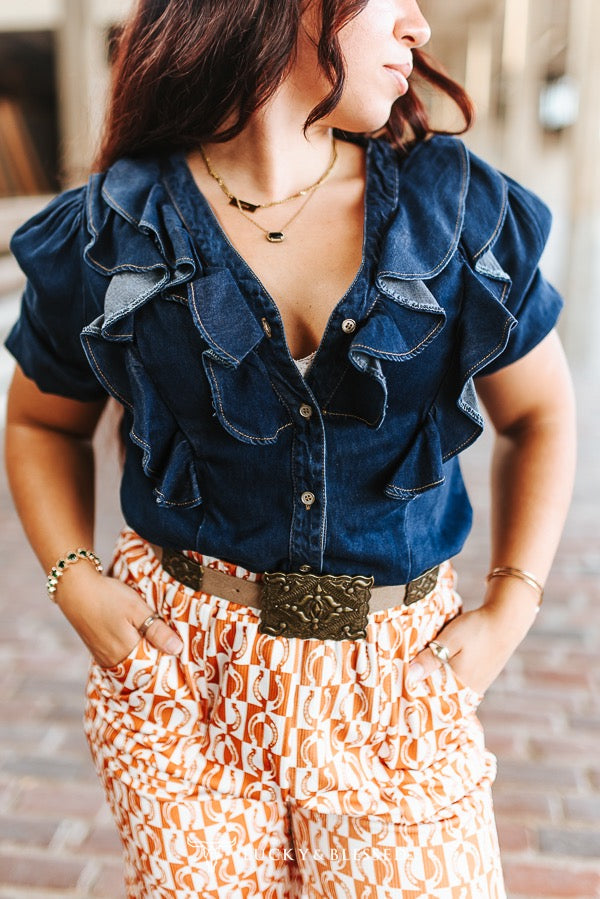 Dark Wash Button Down Short Sleeve Ruffle Top