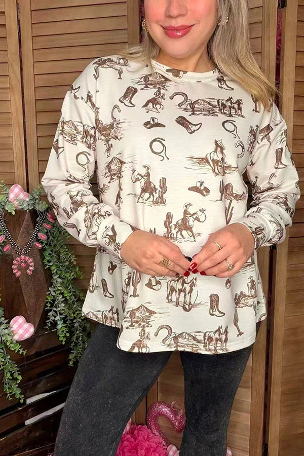 Western riding & cactus printed long sleeve