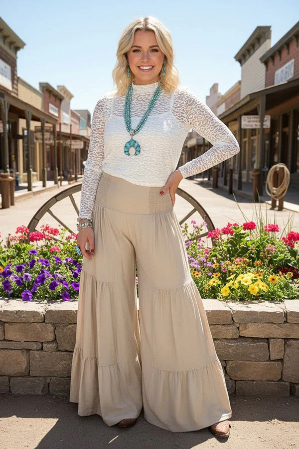 Beige wide leg tiered women's pant w/elastic waist