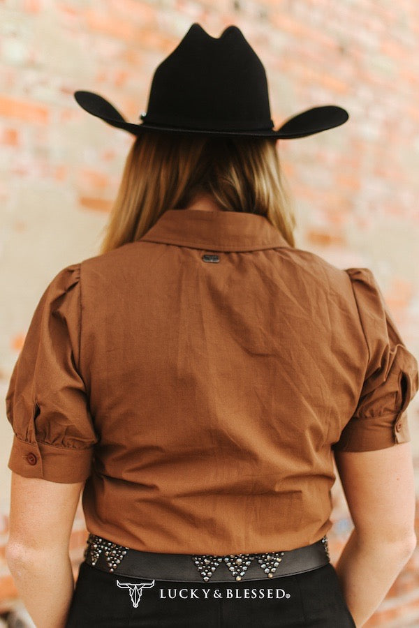 Mocha Saddle Horse Embroidered Puff Short Sleeve Button Down Shirt