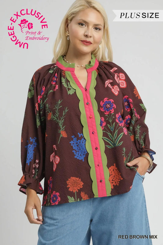 Mix Floral Textured Blouse with Scalloped Trim RED BROWN