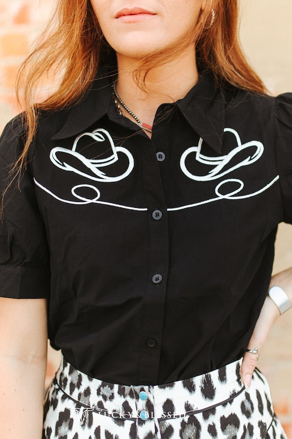 Black Cowboy Hat Embroidered Puff Short Sleeve Button Down Shirt