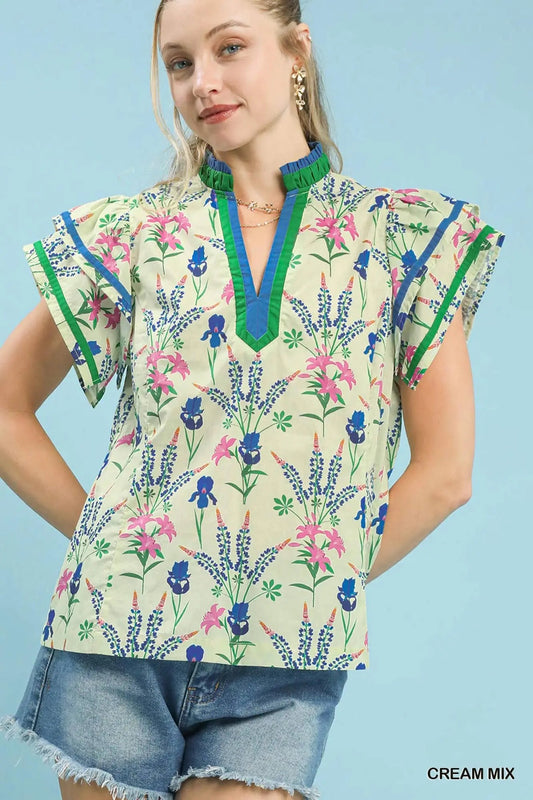 Mix Floral Print Blouse with Contrast Trim CREAM MIX