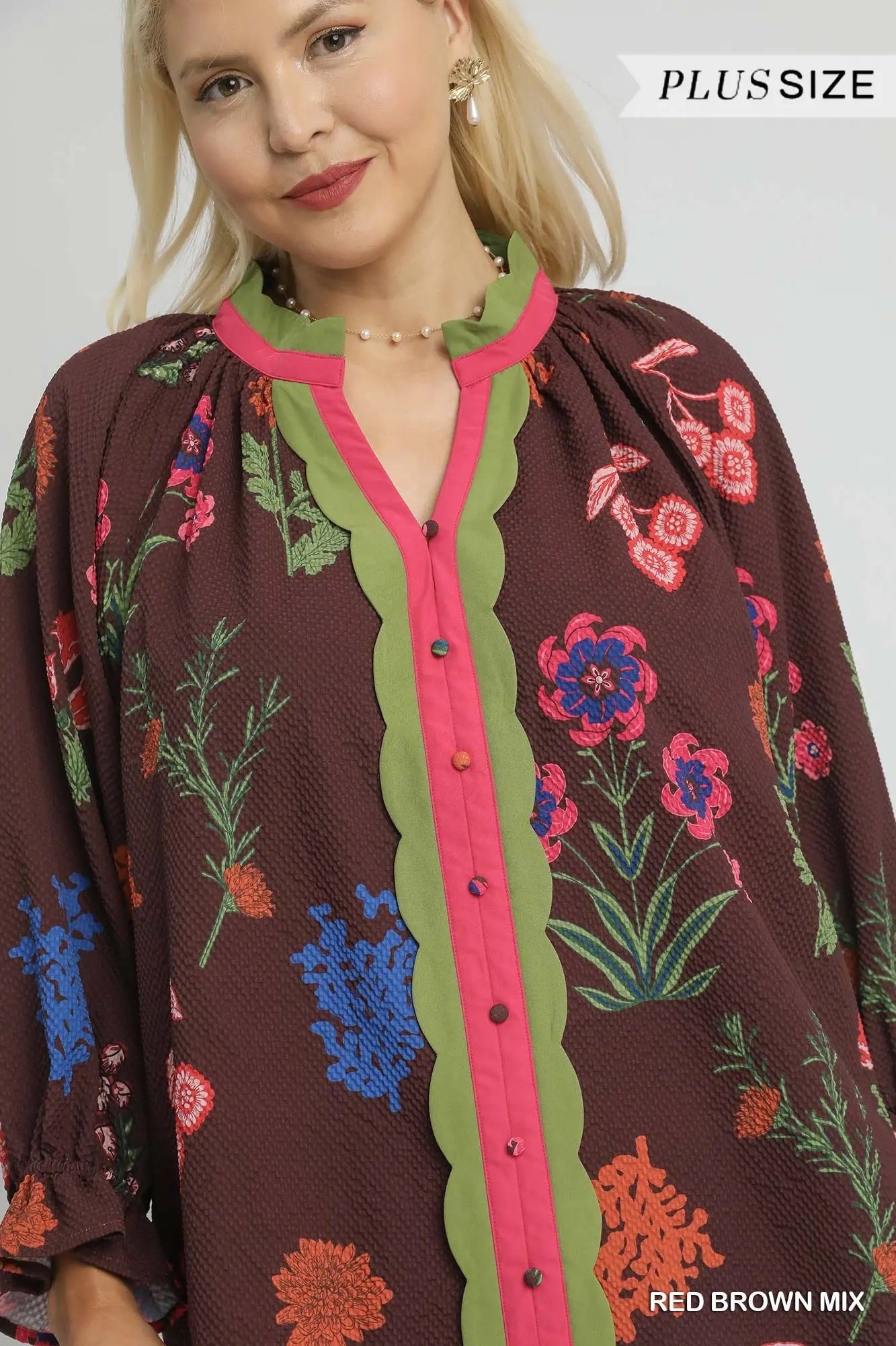Mix Floral Textured Blouse with Scalloped Trim RED BROWN