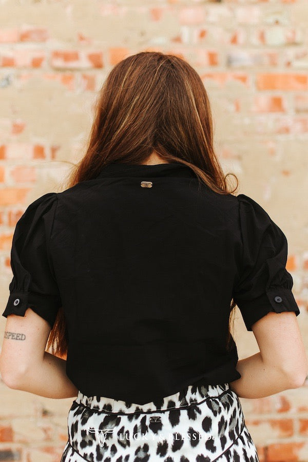 Black Cowboy Hat Embroidered Puff Short Sleeve Button Down Shirt