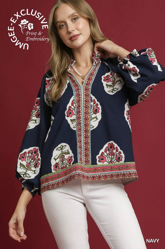 Boho Floral Print Tunic Top NAVY