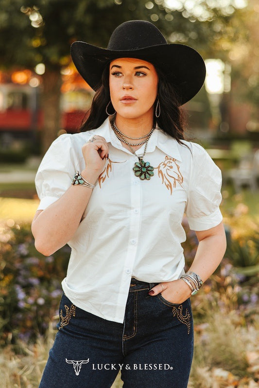 White Puff Sleeve Button Down Horse Contrast Embroidered Top