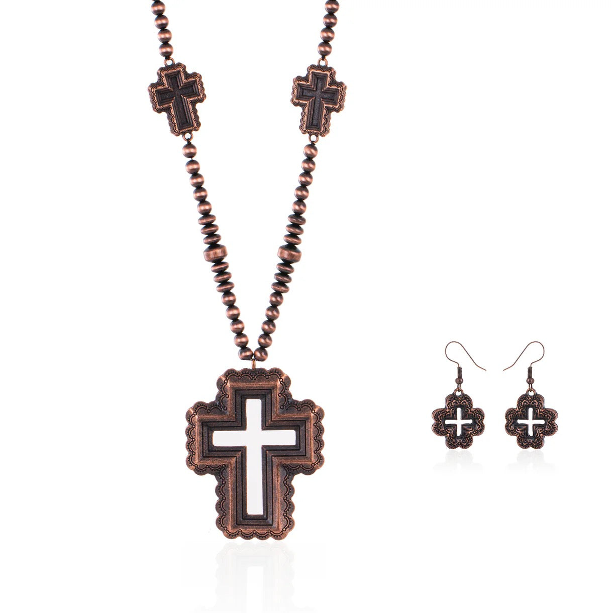 Rustic Couture's Beaded Cross Pendant Necklace Earring Set