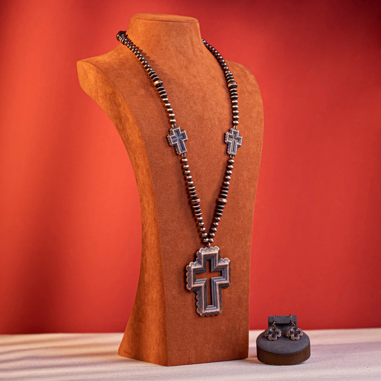 Rustic Couture's Beaded Cross Pendant Necklace Earring Set