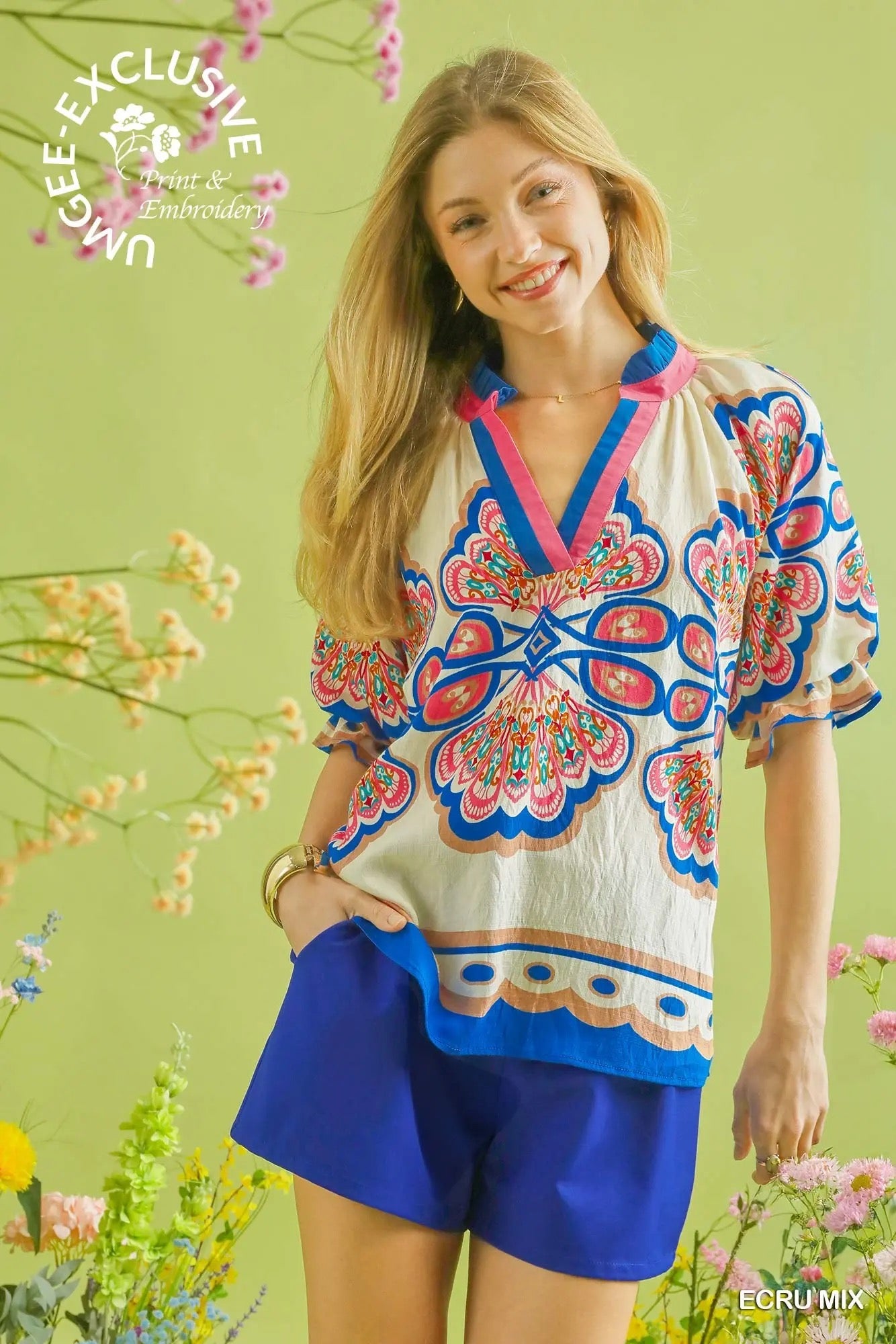 Mix Boho Print V-Neck Top ECRU MIX