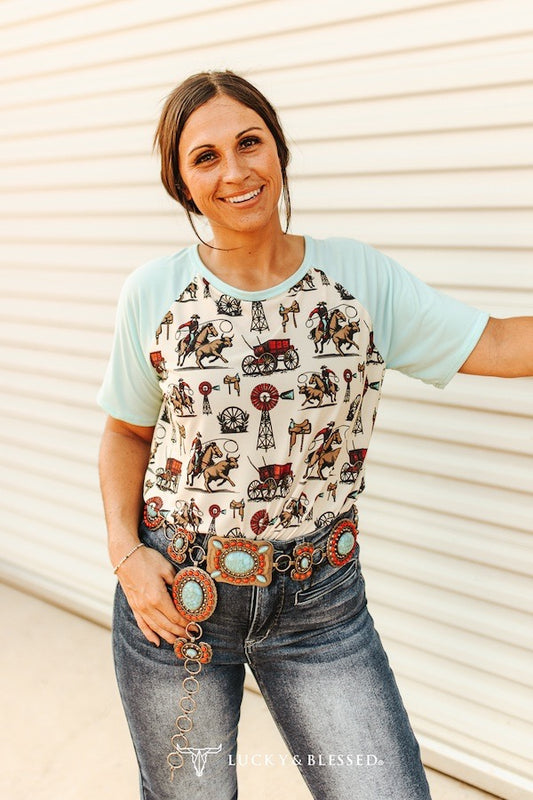 Western Cowboy Printed Body Light Blue Short Sleeve Top