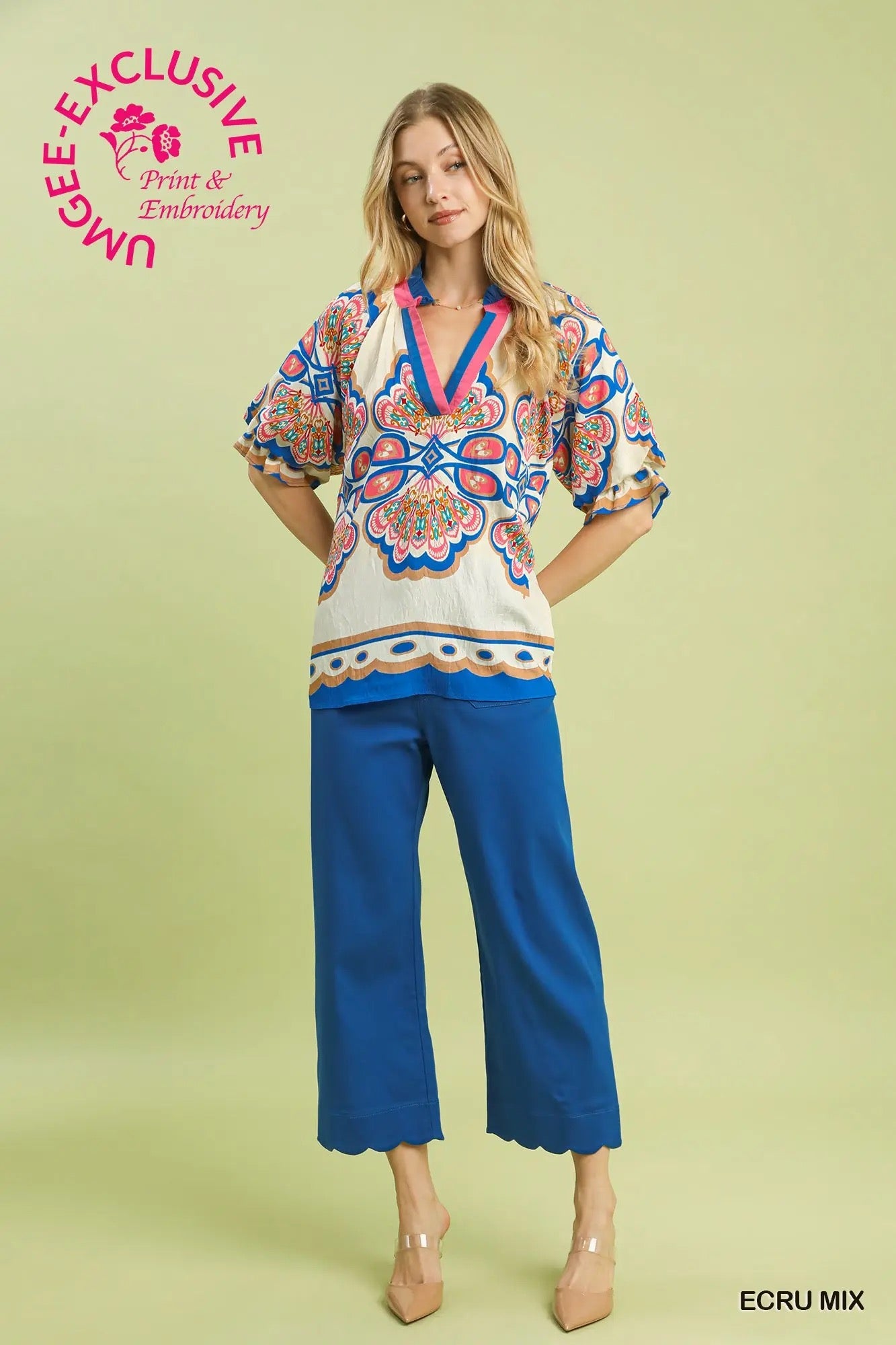 Mix Boho Print V-Neck Top ECRU MIX
