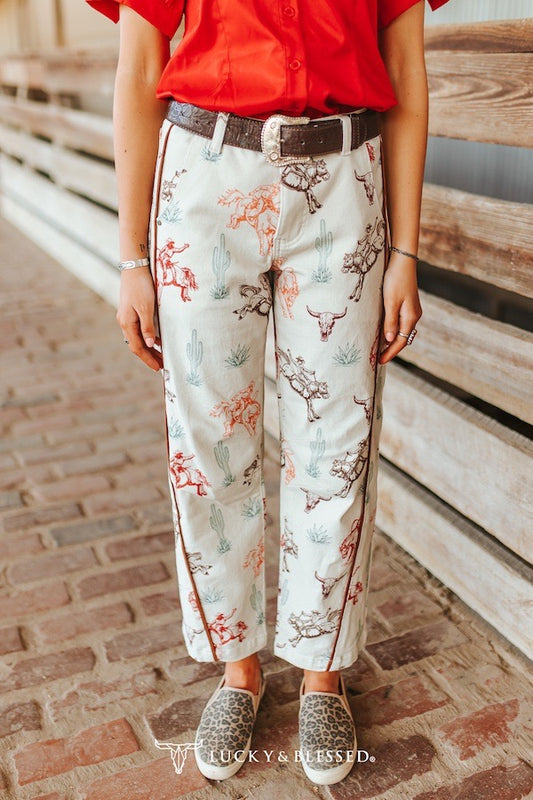 Cream Western Printed Stretch Denim Mid Rise Barrel Jeans