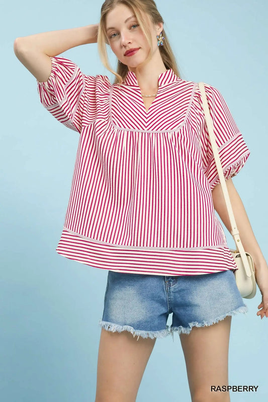 Striped Puff Sleeve Babydoll Top RASPBERRY
