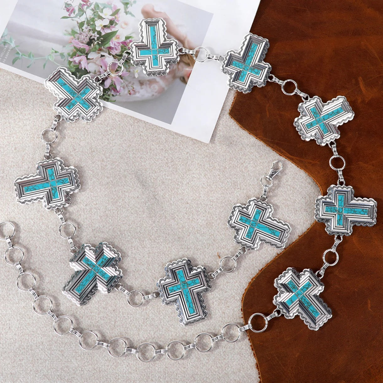Rustic Couture Etched Cross Concho Link Chain Belt