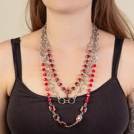 Layered Crystal Necklace - Red & Silver
