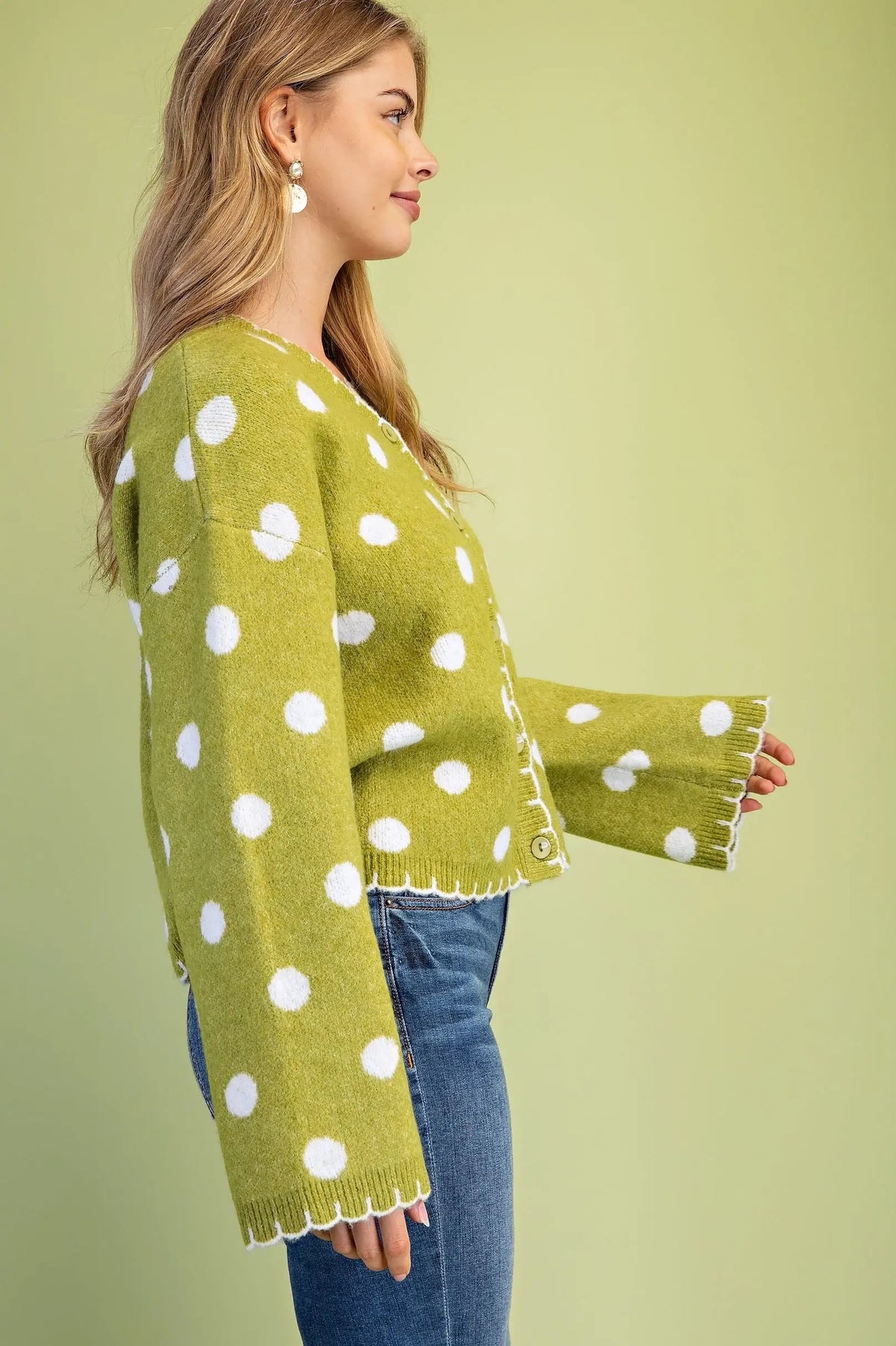 Polka-Dot Button Down Cardigan with Blanket Stitch Details