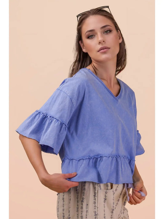Mineral Washed Ruffle Detail Knit Top