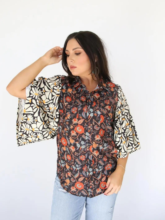 Mixed Pearl Snap -Black Floral