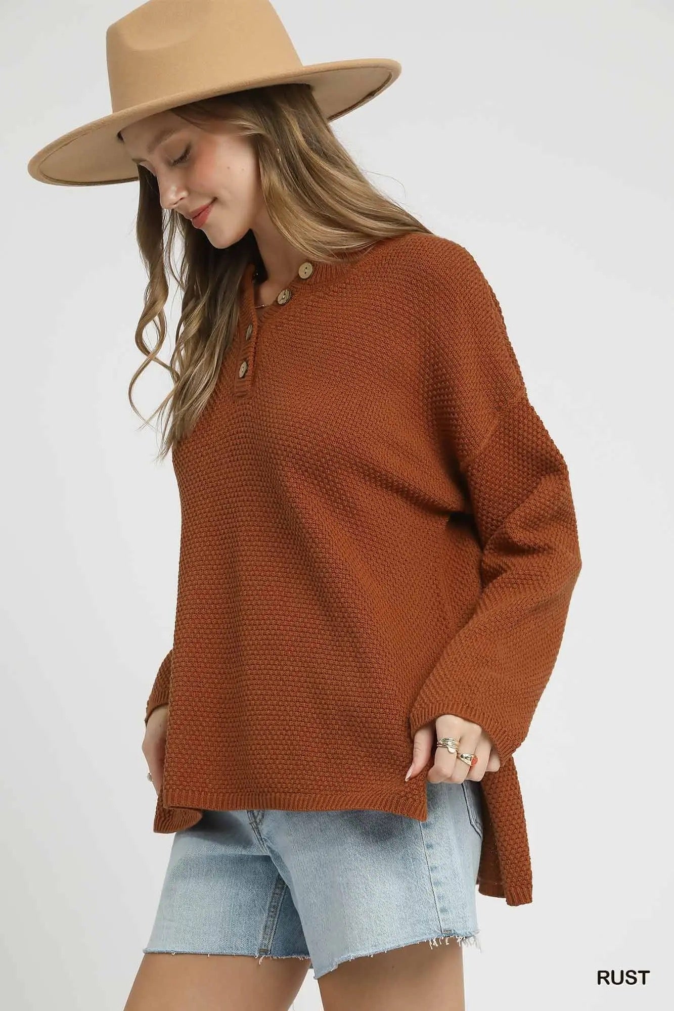 Textured Button Henley Knit Sweater