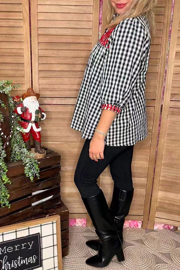 Black plaid, red embroidery baby doll top
