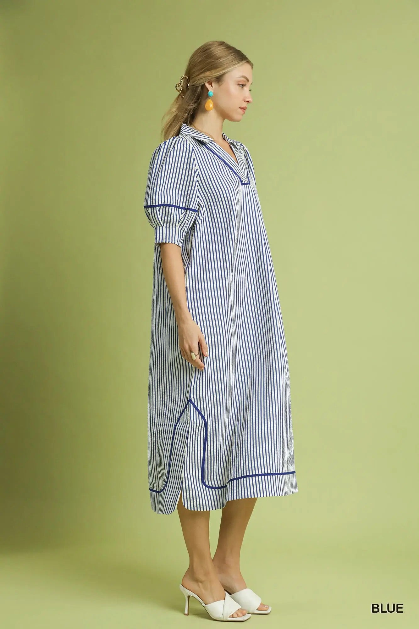 Striped Midi Dress with Puff Sleeves