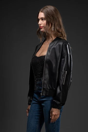 ZIP UP FAUX LEATHER BOMBER JACKET