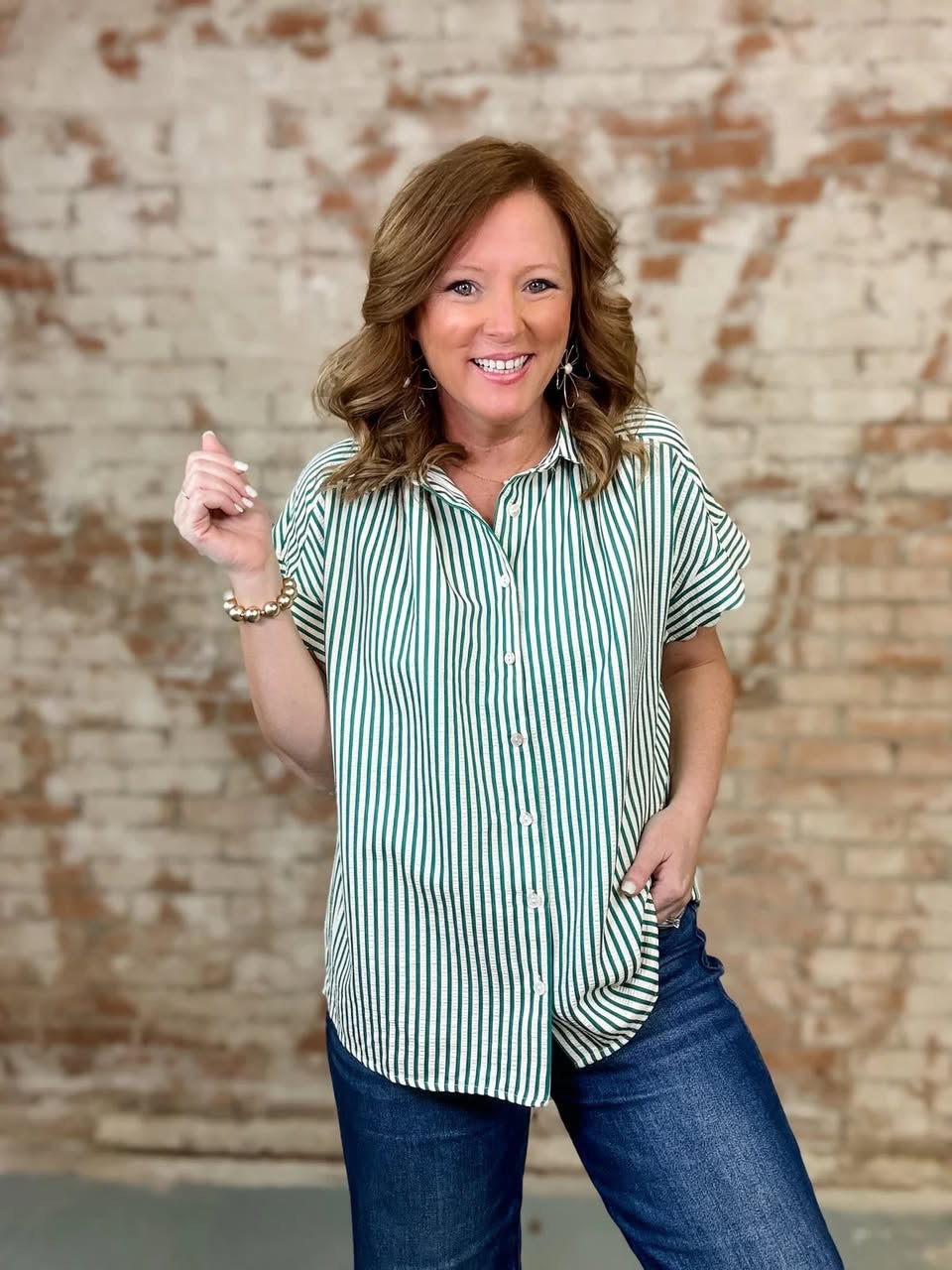 Striped Button-Down Top with Scallop Sleeves