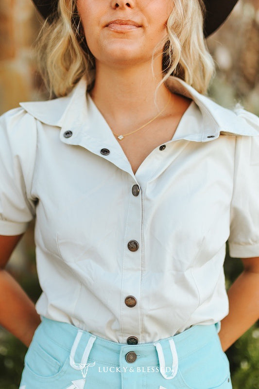 Ivory Concho Button Down Puff Short Sleeve Shirt