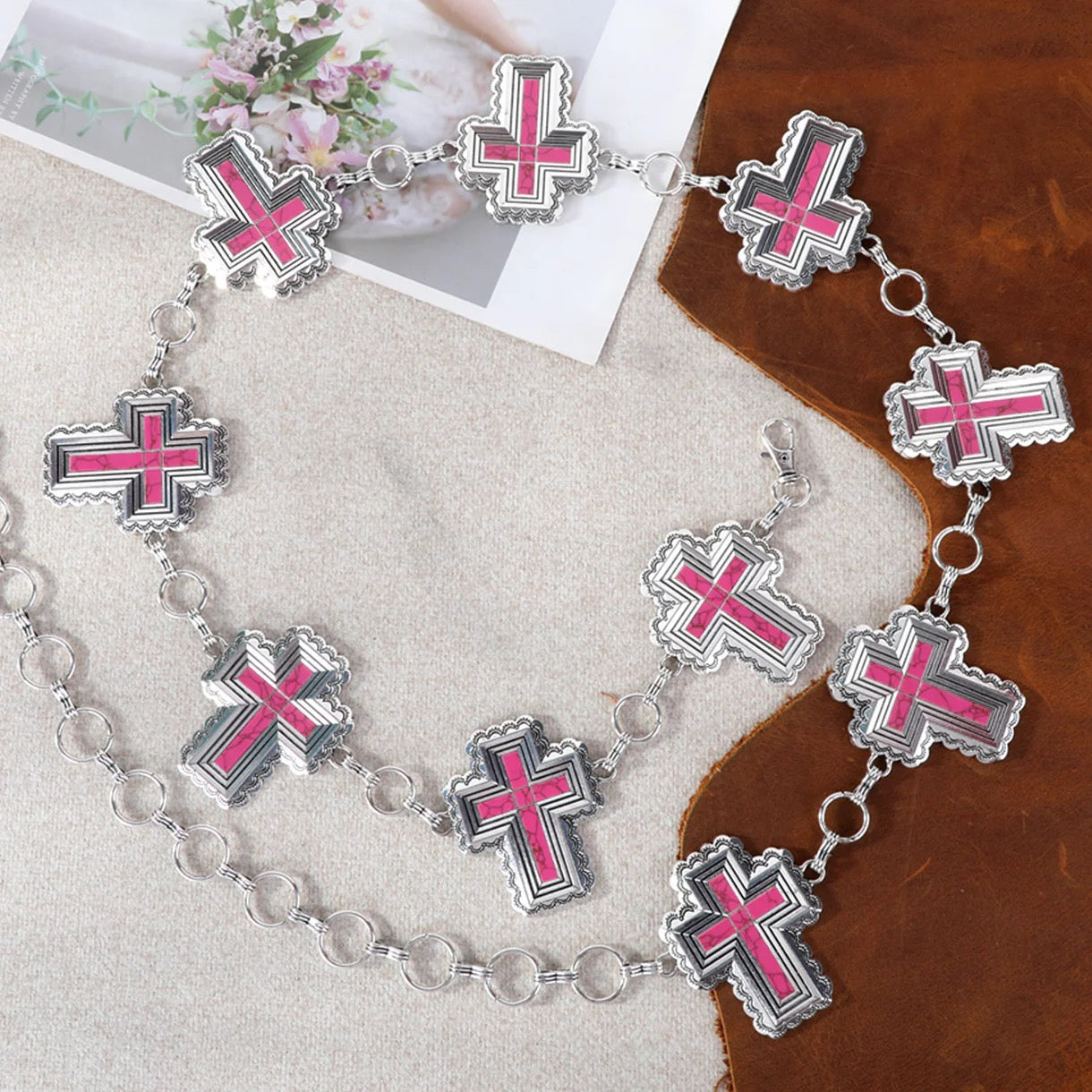 Rustic Couture Etched Cross Concho Link Chain Belt