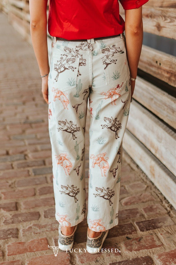 Cream Western Printed Stretch Denim Mid Rise Barrel Jeans
