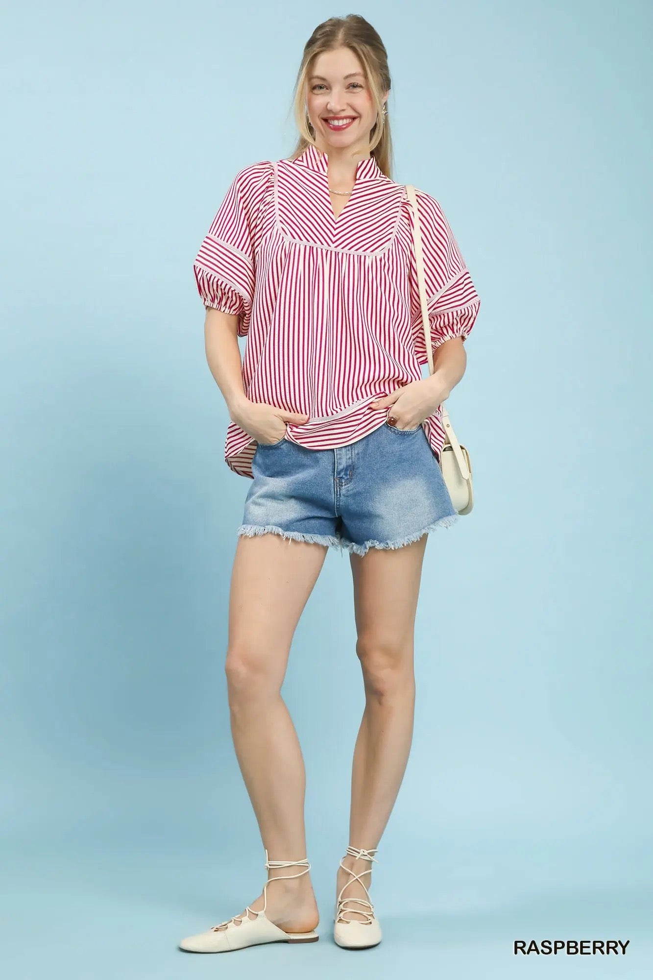 Striped Puff Sleeve Babydoll Top RASPBERRY