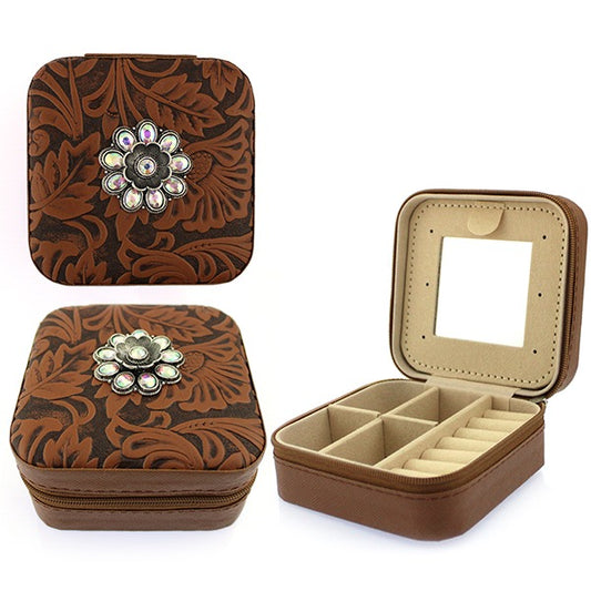 WESTERN CRYSTAL FLOWER CONCHO JEWELRY BOX - BROWN