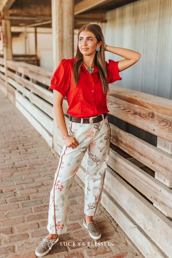 Cream Western Printed Stretch Denim Mid Rise Barrel Jeans