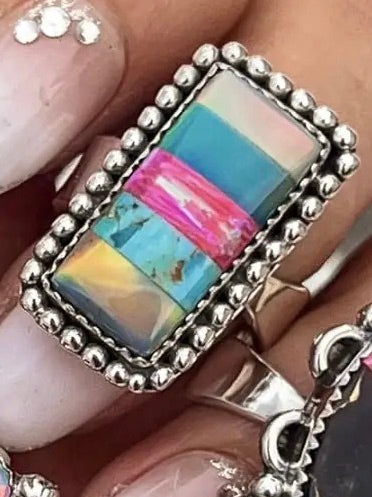 ADJUSTABLE Bold Kandy Multi Colored Sterling Silver Middle Bar Ring