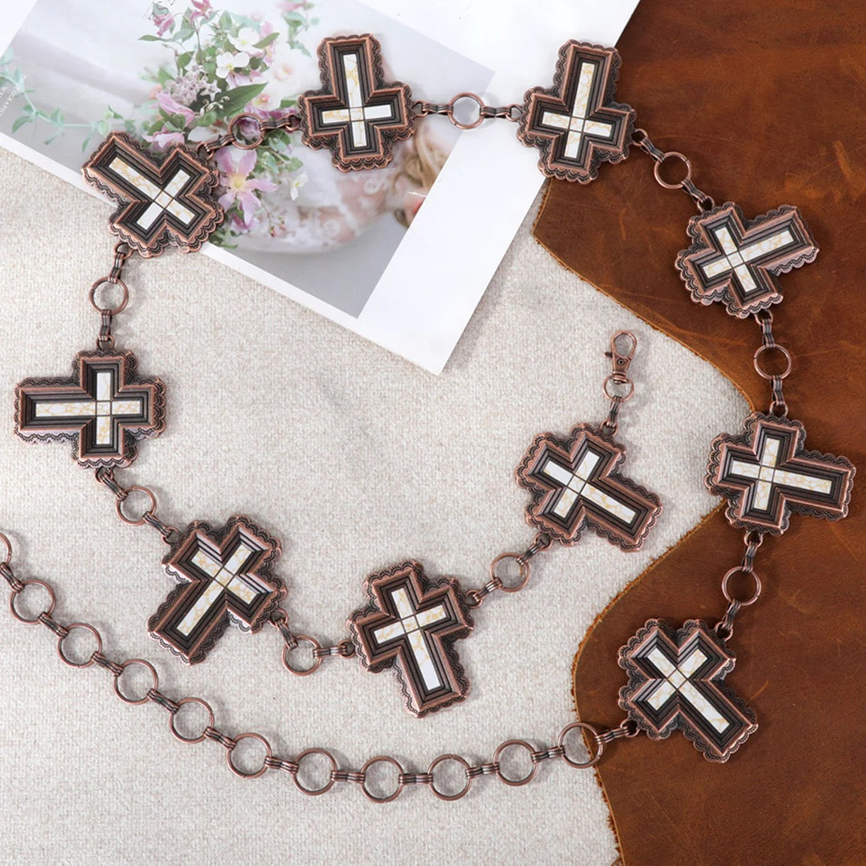 Rustic Couture Etched Cross Concho Link Chain Belt