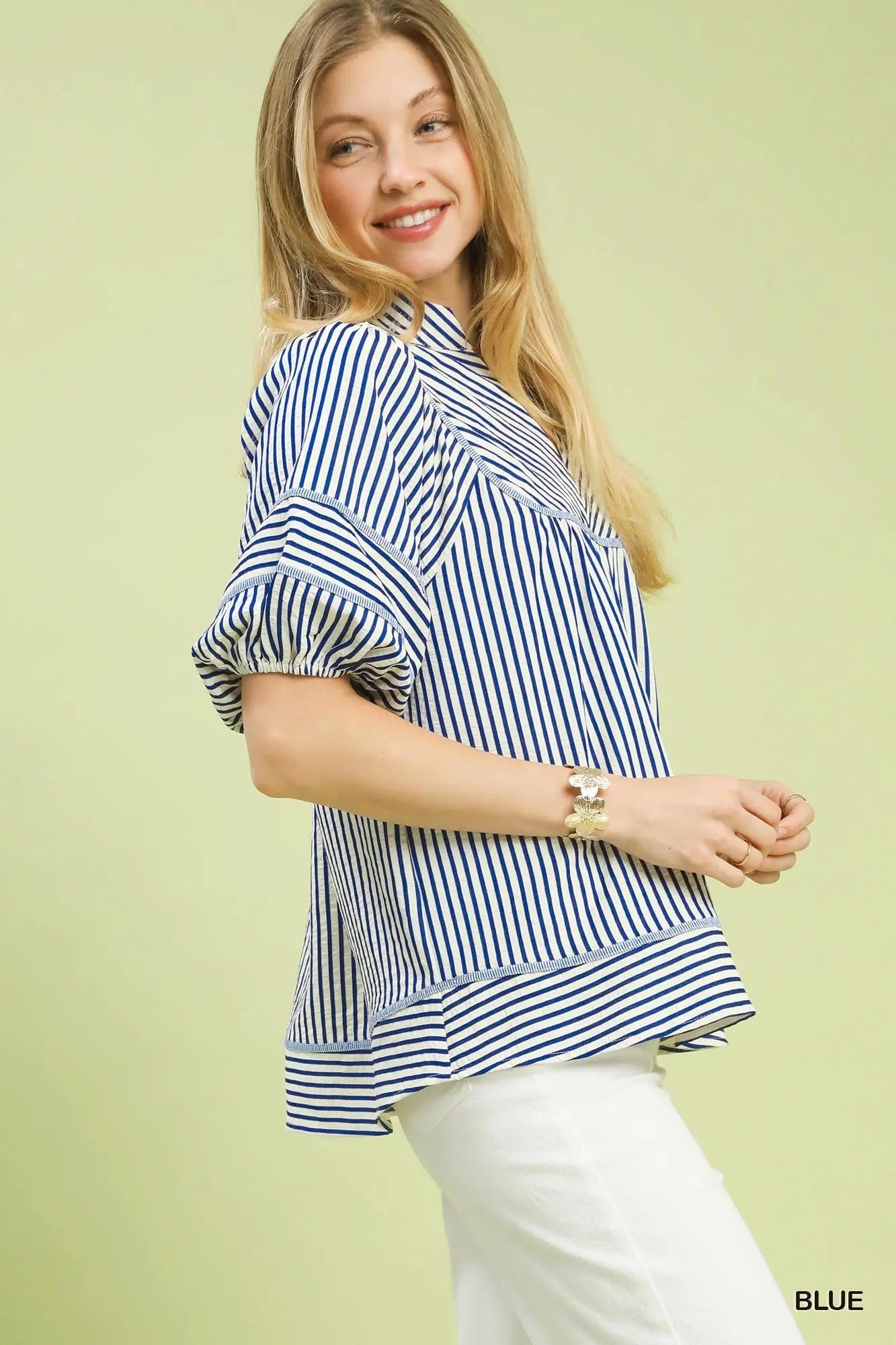 Striped Puff Sleeve Babydoll Top BLUE