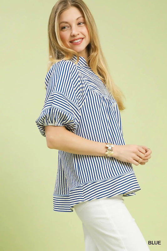 Striped Puff Sleeve Babydoll Top BLUE
