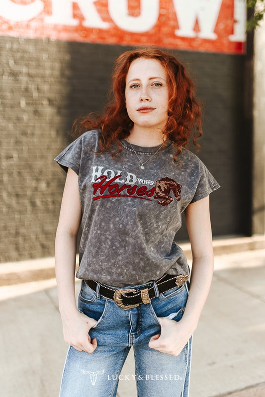 Grey Mineral Wash Hold Your Horses Embroidered Short Sleeve Top